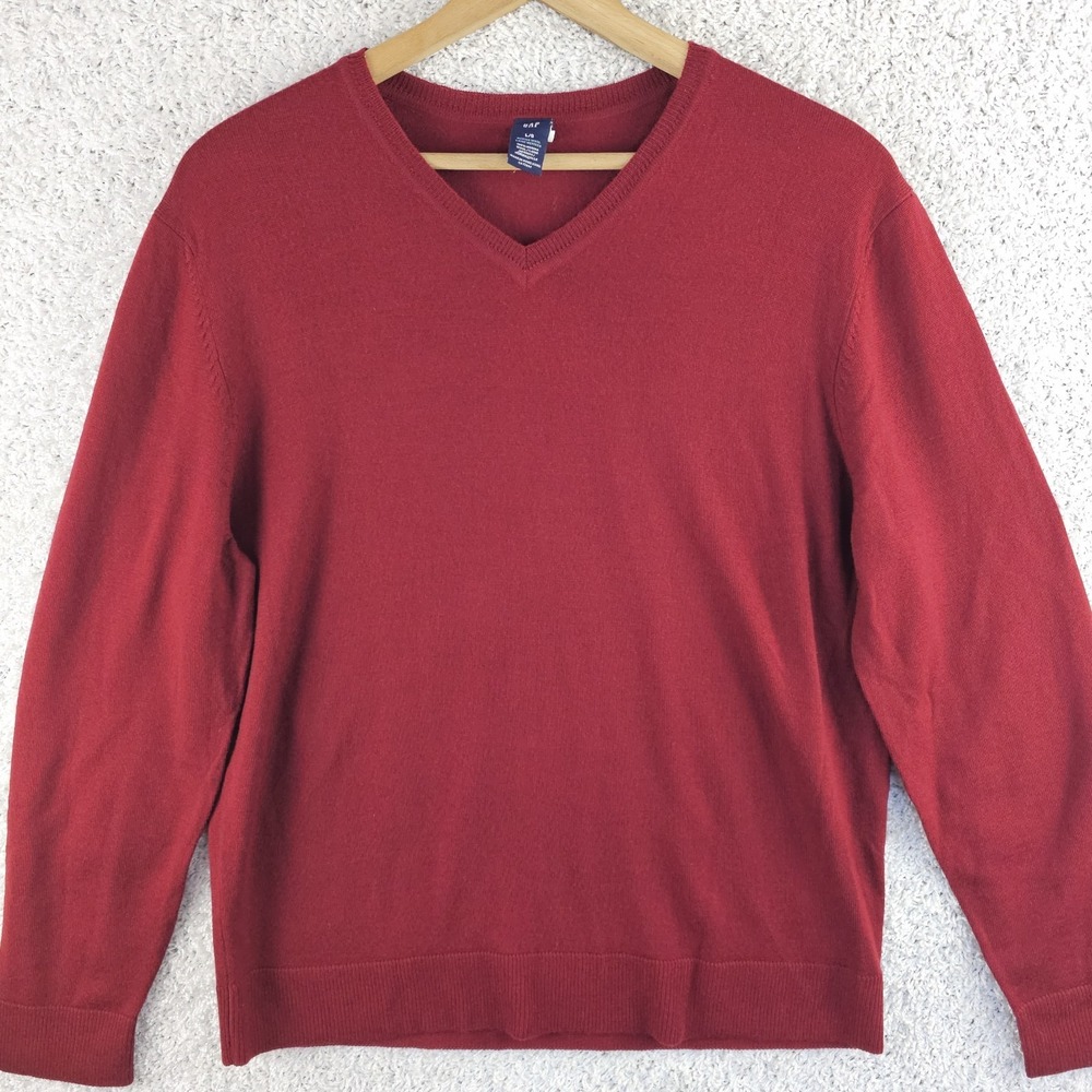 Vintage Gap‎ Merino Wool V-Neck Red Sweater Pullover Mens Large Preppy Y2K